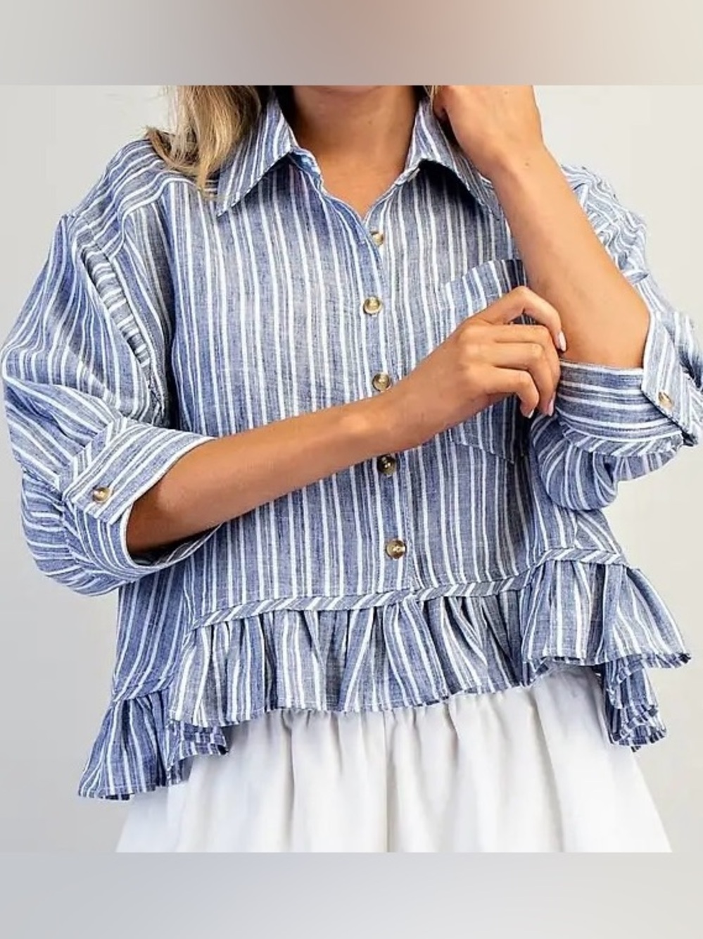 Striped Button-Front Ruffle Hem Shirt - Blue White